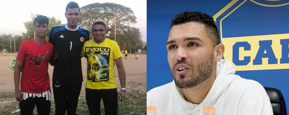 Álvaro Montero junto a su formador Yolfri Hernández en Valledupar; Álvaro Montero posa con la camiseta de Boca Juniors tras oficializarse su incorporación al club argentino.