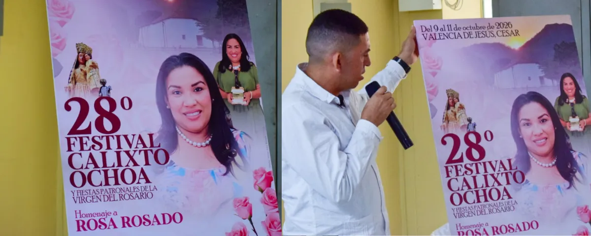 El afiche oficial del Festival Calixto Ochoa 2026 exalta el legado de la periodista Rosa ‘Ocha’ Rosado y la identidad cultural de Valencia de Jesús.