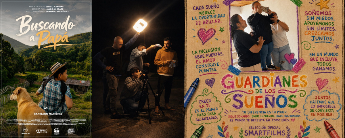Integrantes del equipo de producción de los cortometrajes seleccionados en SmartFilms 2026, liderado por el guionista Eberto Manotas, el director Mauro Andrade y el productor Alan López, junto a talentos audiovisuales de Valledupar. Foto: Cortesía.