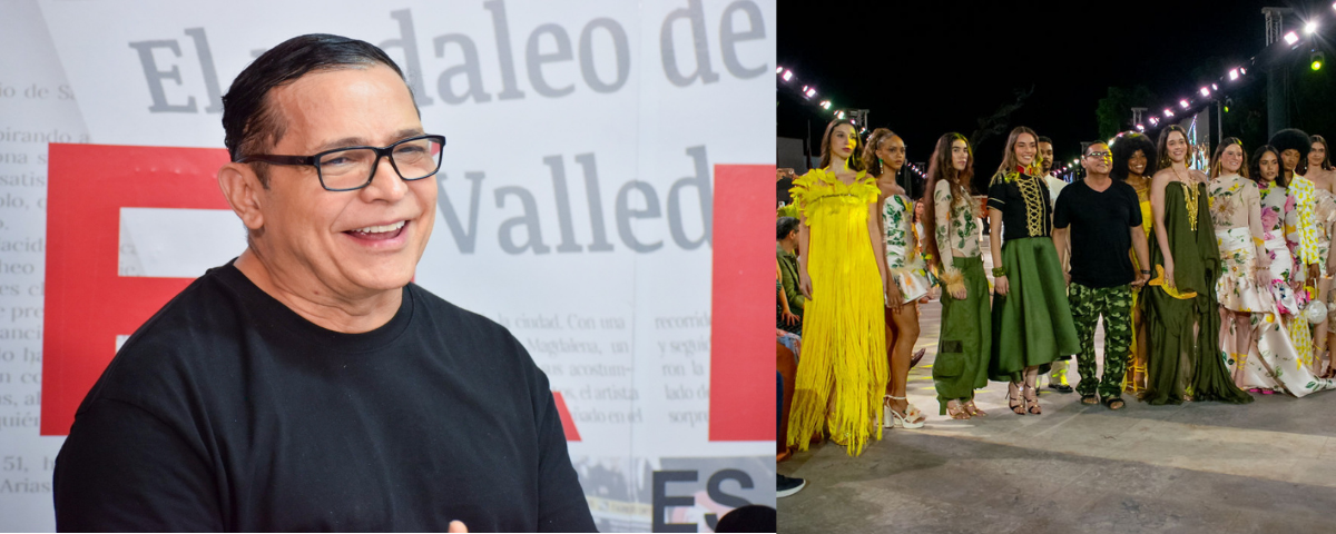 En la pasarela de IXEL Moda en la plaza Alfonso López, Darío Valencia presentó ‘Vallenato Nobel’, una colección inspirada en la canción de los Hermanos Zuleta y en el universo de Gabriel García Márquez. Foto: Suministrada.