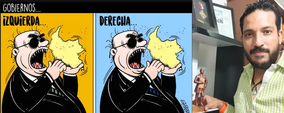 Deivi Safady y la caricatura con la que ganó el Premio Nacional de Periodismo La Bagatela, publicada en EL PILÓN.